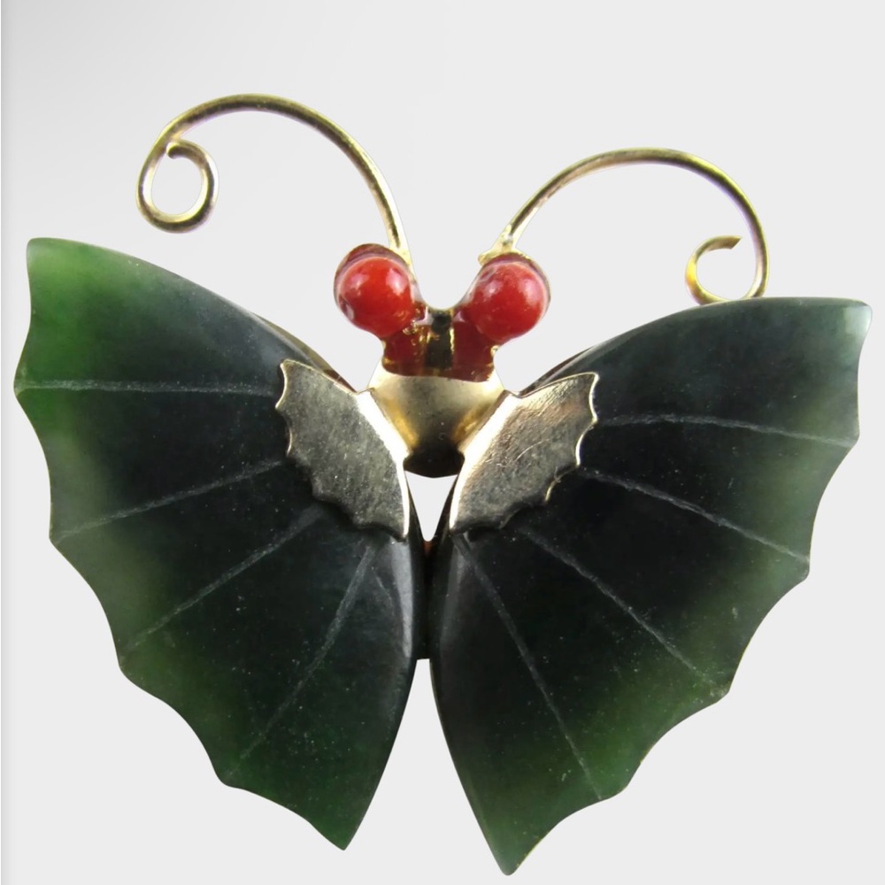 Antique Grade A Chinese Green Jade Butterfly Brooch with Red Coral Accent